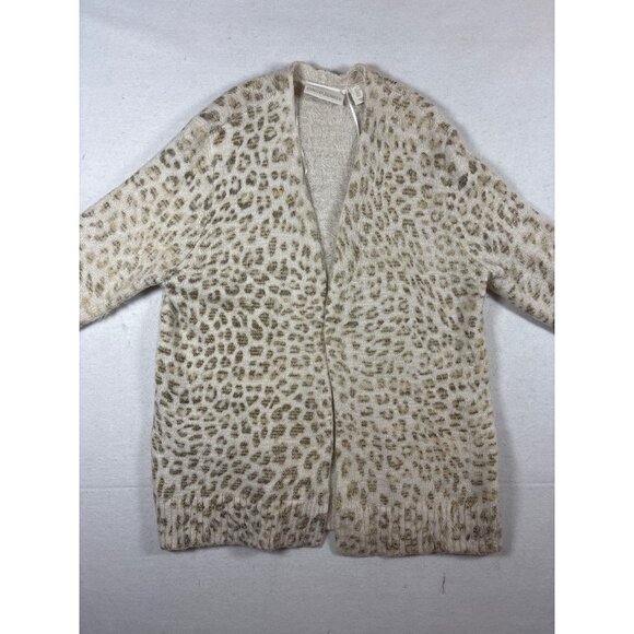 Cynthia Rowley Womens Leopard Print Open Cardigan Sweater L Beige & Brown Wool B - Picture 1 of 13